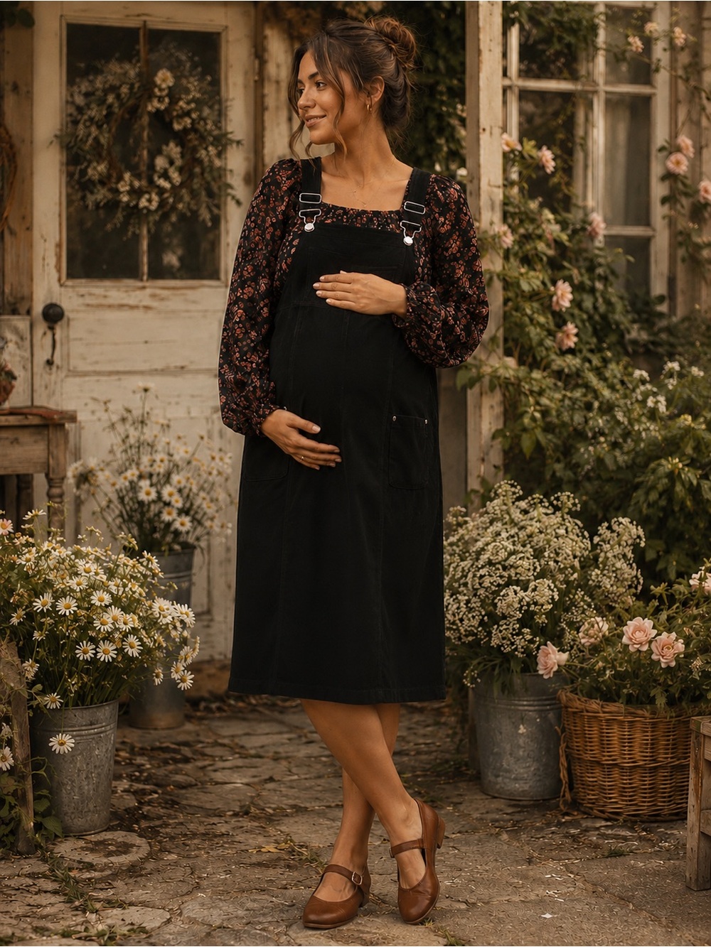 Vintage 90s Maternity Black Overall Jumper Dress Cottagecore